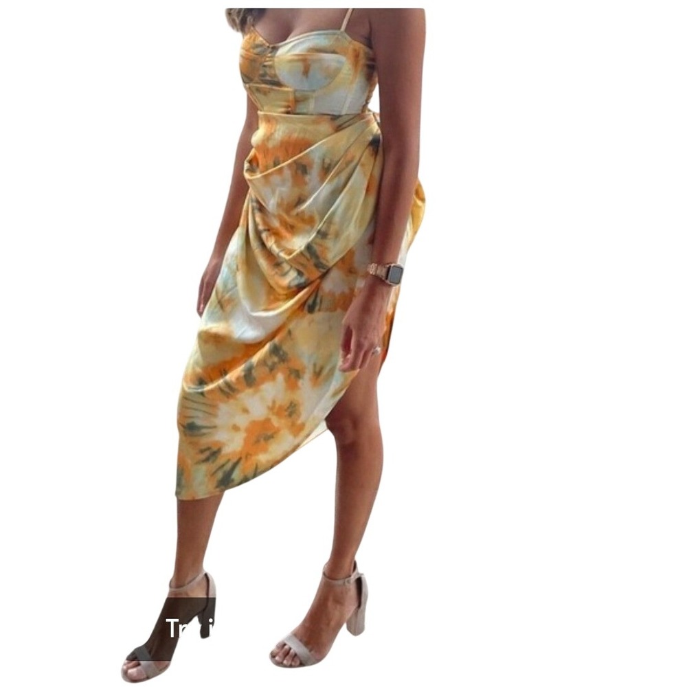 PrettyLittleThing Tie Dye‎ Corset Draped Midi Skirt Orange Yellow Size 12